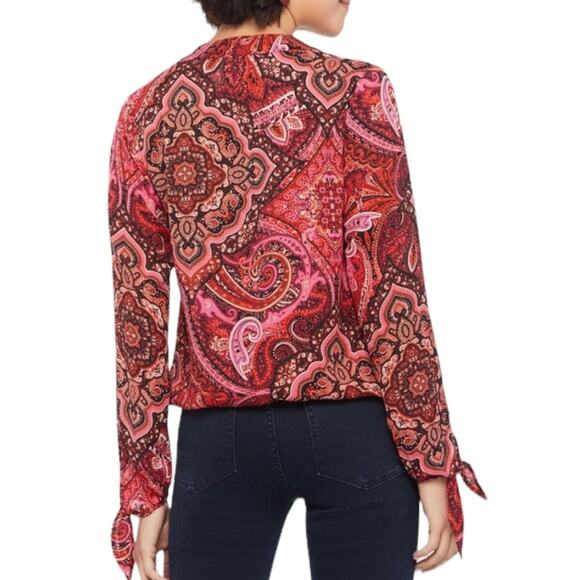 Allison Joy Evereve Pink Paisley Print V-Neck Tie Sleeve Blouse Top - Picture 2 of 6